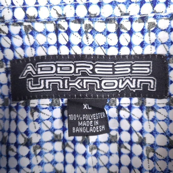 Address Unknown Shirt Mens XL White Blue Geometric Print‎ Short Sleeve Button Up - Picture 5 of 12